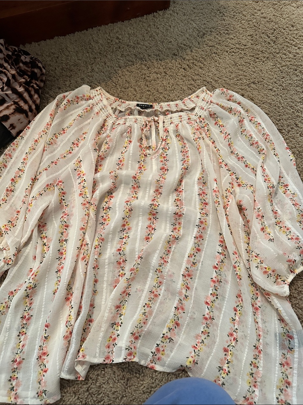 torrid Cream Peasant Blouse with Pink Floral Stripes